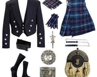 Herren Schottischer Prinz Charlie Tartan Kilt Outfit 10-teiliges handgefertigtes Set mit St. Andrew Zubehör Highland Wedding & Abendkleid