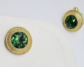 Swank Green Gold Cuff Links 11 mm Round Faceted Emerald Glass Rhinestone Centers Textured Finish Rope Trim  Vintage 1960s Mens Accessory