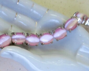 Pink Silver Bracelet Givre Pink White Oval Art Glass Cabochon Stones Silver Finish Vintage 1970's Avon USA Made .5 x 7.5 inches