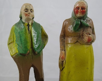 Syroco Figurines Old Man Old Woman Wood Resin Country Rustic Antique European Green Yellow Pair Apron Babushka Old World Figures 5.5 inches