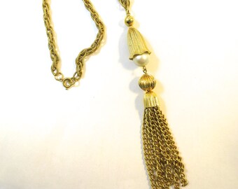 Gold Tassel Necklace Pearl Drop Pendant w/ Chain Fringe Tassel  French Rope Chain 26 inches w/ 4 inch Pendant 1960s Fashion Jewelry