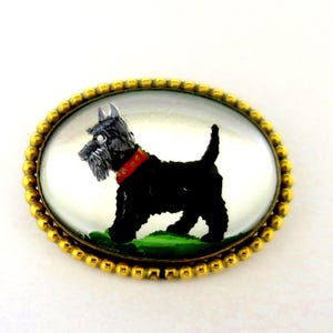WRE Scottish Terrier Brooch 1/20th 12KGF Reverse Intaglio W. E. Richards Art Vintage 1930&#39;s Black Scottie Dog Oval Brooch