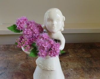 Girl Figurine Vase 1930's-40's Girl w/ Basket Apron Long Curled Hair w/ Bow Japan Pottery White Flower Vase Home Decor Vintage Find