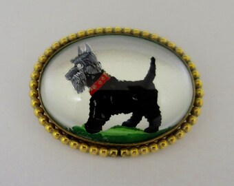 WRE Scottish Terrier Brooch 1/20th 12KGF Reverse Intaglio W. E. Richards Art Vintage 1930's Black Scottie Dog Oval Brooch