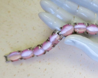 Pink Art Glass Link Bracelet Givre Pink White Oval Cabochon Stones Silver Finish 1970's Mid Century Avon Vintage Style .5 x 7.5 inches