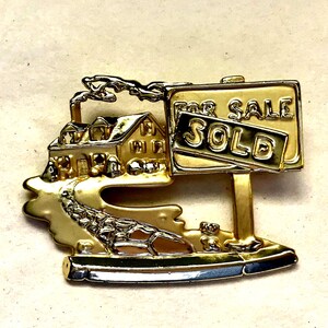 Realtor Brooch Real Estate Agent Pin w/ Sold House Sign Matte/Shiny Gold Finish Vintage 1980&#39;s AJC Signed  2.25 X 1 5/8 inches