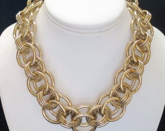 Chunky Gold Chain Choker Round Chain Links, Double Stacked Triple Ring Connectors Vintage 1980's Banana Republic Gold Link Necklace