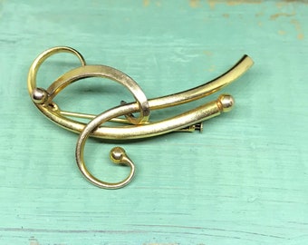 Art Deco Golden Spirals Brooch Pin w/ Trombone Clasp Vintage 1930's Modern Fashion Jewelry 2 inches