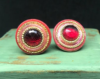 Round Red Earrings Ruby Red Cabochon Round Button Earrings Gold Tone Metal Finish Clip On Earrings 1 inch Diameter