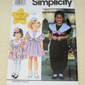 Girls Dress/Jumpsuit Pattern Detachable Collar w/ Ribbon Belt Raised Waist, Full Skirt, Puff Sleeves Made in Heaven Pattern Sz  5, 6X  UnCut
