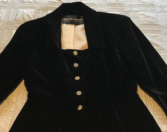 Black Velvet Peplum Jacket Deep Neckline Rhinestone Buttons Vintage 1950s Cuffed Sleeves Tailored Fitted Junior Coat Size 2-4