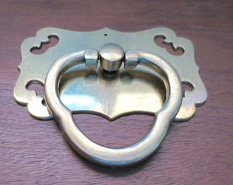 Cast Brass Drawer Pull Asian Style w/ Openwork Backplate Trefoil Ring Vintage 1960s Single Drawer/Door Hardware  4 x 3.5 inches
