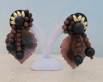 Brown Black Leaf Earrings Woven Buttons Gold Beads Wood Bead Dangles Brown Leaf Backs Big Bold Pierced Posts Vintage 1980's 2.25 in.