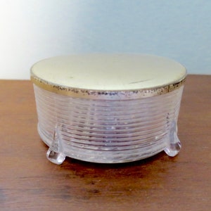 Art Deco Vanity Powder Jar Elgin American Clear Ringed  Footed Depression Glass Gold Metal Lid Trinket Jewelry Boudoir Box Vintage  1930&#39;s