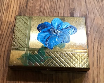 Brass Pill Box Compact Hinged Lid, Snap Clasp Medical, Sewing, Make-up Purse Container Painted Blue Flower Vintage 1950s 2.25 x 2.75 inches