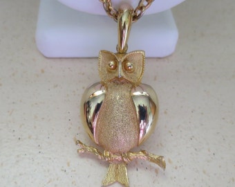 Owl Pendant Necklace Heavy Gold 24 inch Chain 3 inch Barn Owl on Branch Pendant Bohemian Vintage 1970s Owl Necklace
