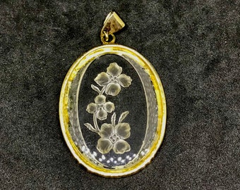 Crystal Intaglio Pendant Reversed Carved Oval Clear Glass w/ Orchid Flowers, Border Gold Frame w/ Open Hook 1 5/8" Oval