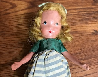 Nancy Ann Storybook Doll Blonde Green Trimmed Dress Frozen Legs Bisque Jointed 5.25 inch Doll  1941-45 Vintage