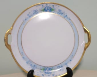 Germany Porcelain Cabinet Plate Blue Forget-me-nots Hand Painted Vintage 1920's 8 inches Gilt Trim w/ Handles Dessert/Cheese Plate