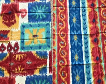 2 muestras de tela de diseño NOS, serigrafías de algodón contemporáneas del suroeste, en rojo, azul, verde y amarillo, tela vintage de los años 80, 89 x 66 cm
