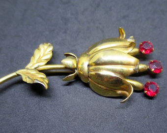 Art Deco Flower Brooch 3 Ruby Red Sets Big Bold 4 inch Dimensional Shaped Fuchsia Blossom Marked CYF Made in Argentina