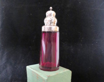 Cranberry Glass Sugar Shaker Victorian Era Sterling Silver Top Powdered Sugar Shaker Large Ruby Glass 6 inches ca. late 1800's