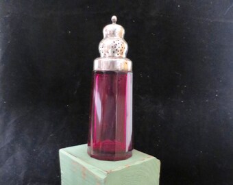 Cranberry Glass Sugar Shaker Victorian Era Sterling Silver Top Powdered Sugar Shaker Large Ruby Glass 6 inches ca. late 1800&#39;s