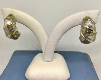 Silver Gold Stripe Hoop Earrings Mixed Metal Pierced Post Half Hoops Spiral Gold Stripe Silver Tone Metal Vintage 1990's Fashion Earrings
