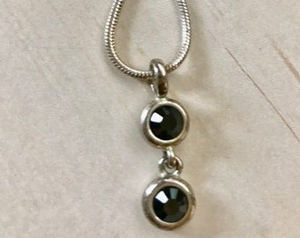 Black Pendant Silver Choker Double Rhinestone Round Dangle Pendant on Snake Chain 16 + 3" Adjustable Chain Vintage 1990's Fashion Jewelry