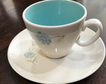 2 Boutonniere Flat Cup +Saucers O Handle Taylor Smith Taylor Vintage 1960s MCM Tableware Drink Sets
