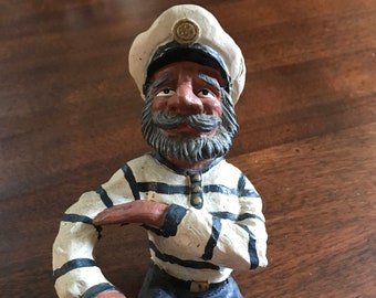 Sailor Wine Bottle Holder Bearded Figure Captain Cap Stripe Shirt Heavy Resin  Blue, White Vintage 1990s Bar Accessory 5x4 inches