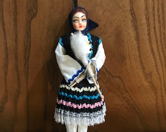 Greek Costume Doll Hair Braids in Scarf Hand Paint Face Gold Necklace Trimmed Skirt 7" Cloth Doll Holding Wool Distaff Vintage 1960s-70s