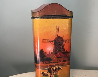 Pastoral Scene Cocoa/Tea Tin Vintage 1930's Dutch Farm Windmill Cows Domed Lid Holland Cocoa Antique Kitchen Tin 6.5 inch