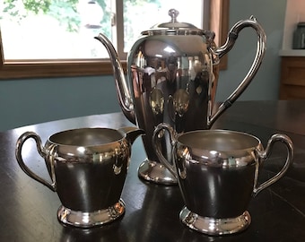 Silver Tea/Coffee 3 Pc. Set Academy Co. Silver Vintage 1960s 32 oz. Hinged Lid Coffee Pot w/ Matching Sugar Bowl, Creamer