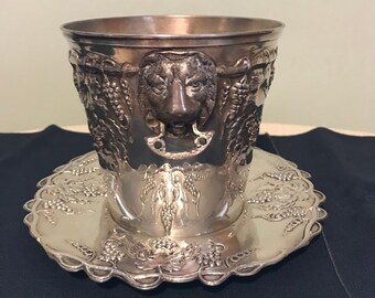 Silver Ice Bucket, Plate, Tongs Raised Grapevines Lion Head Handles Vintage 1960s Greek Arzante Silver Plate Bar Serving Utensil 4 Pcs.