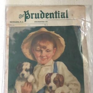 1933 Prudential Magazine February Cover Art by Fox Buddies -Farm Boy w/ Puppy Dogs Vol.VII Vintage 1930s Insurance Magazine