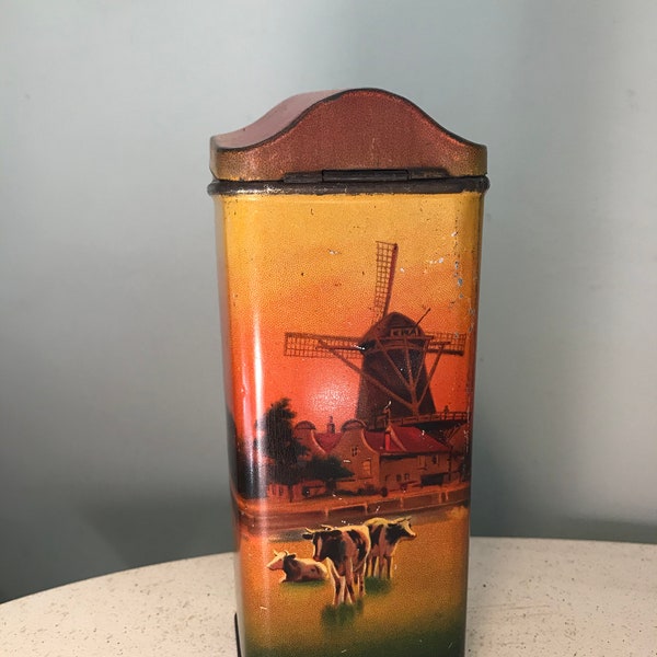 Pastoral Scene Cocoa/Tea Tin Vintage 1930's Dutch Farm Windmill Cows Domed Lid Holland Cocoa Antique Kitchen Tin 6.5 inch