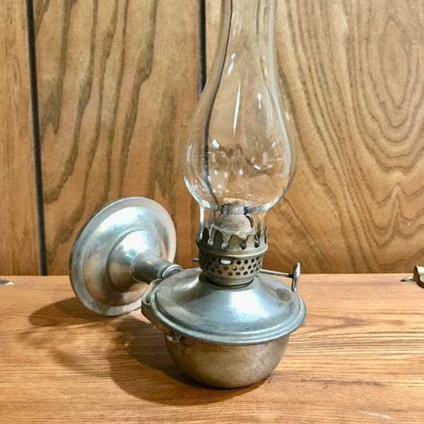 Swivel Miniature Oil Burning Lamp Silver Finish Metal Glass Chimney Shade, Wick, Stands or Hangs on Wall Vintage 1970s Terra Hong Kong