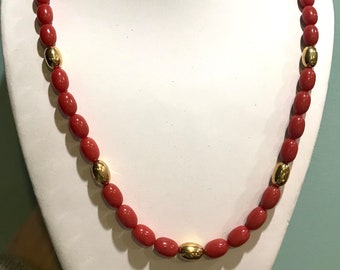 NapierTerraCotta Bead Necklace Gold Oval Accent Beads 24 inch Vintage 1980-90s Fashion Find