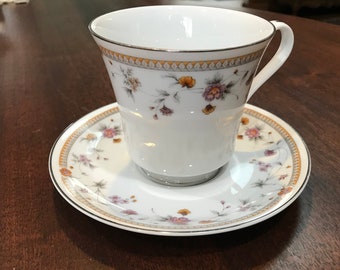 Mikasa Aries Cup Saucer Set Orange Pink Floral China Footed Tea Cup Silver Trim Beaded Border Cup Saucer Vintage 1980's Tableware