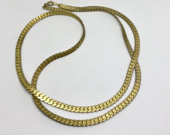 Gold Chain Necklace Flat Textured Curb Chain Links  Vintage 1980s Fashion Jewelry  29 inches