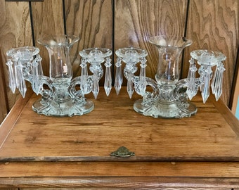 2 Glass Triple Candelabra w/ Hurricane Shades, Crystal Drops, Bobeches 3 Candlestick Base Vintage 1940's Pair Victorian Revival Home Decor