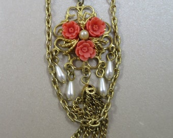Victorian Revival Coral Necklace Faux Coral Roses Pearl Teardrops Vintage 1970's Double Strand Gold Tone Chain 24 in Necklace