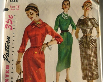 1950's Fitted Dress Pattern w/ Waistline Cuffed Sleeves Detachable Collar Secretary Wiggle Dress Size 16 Bust 34 Vintage Pattern Uncut