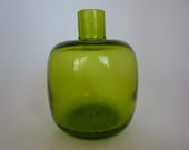 Blenko Apple Green Glass Vase Hand Blown Glass Made in USA Squat Round Bud Vase w Narrow Neck Vintage Modern Collectible Glass