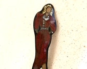 Brown Dress Lady Brooch Rhinestone Accents Black Resin Inlaid Wood, Brass, Brass, Metallic Resin Mold Vintage 1980 39 s Fashion Pin 3.5 inch