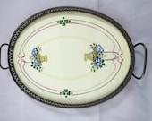 Antique Vanity Tray Art Nouveau Porcelain Tile Hand Painted Floral Baskets Oval Metal Base w Handles 12 x 8 in. Perfume Tray Boudoir Tray
