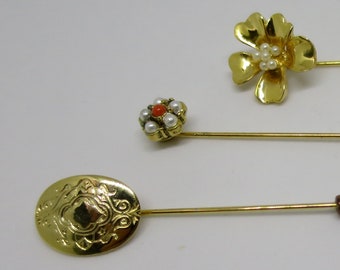 3 Gold Stick Pins Brooch Group Gold Tone W/ End Caps Vintage