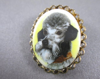 Dog Portrait Cameo Brooch Poodle Brooch Grey Black Standard Poodle Brooch Portrait Brooch Dog Oval Pet Poodle Dog Brooch 1970's Vintage