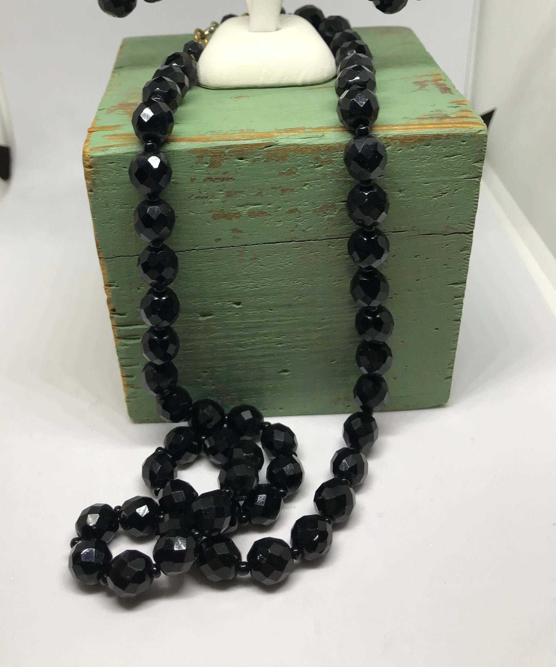 Vintage 1980's Black Clear Faceted Glass Beads Beaded